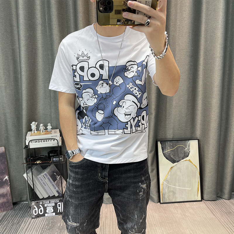 短袖T恤男夏季新款潮流卡通印花半截袖上衣修身半袖体恤衫棉t