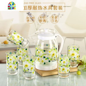 韩式家用冷水壶印花水具七件套装玻璃大容量泡茶壶防爆耐热可高温 FENGHOU 黄色太阳花一壶六杯凉水壶