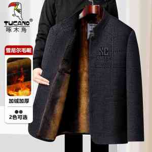 啄木鸟中老年爸爸冬装外套男加绒加厚雪尼尔毛呢立领夹克爷爷棉衣