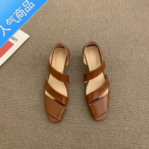 SUNTEK小众设计感方头露趾细跟中跟罗马凉鞋女2023夏季欧美镂空鱼嘴单鞋