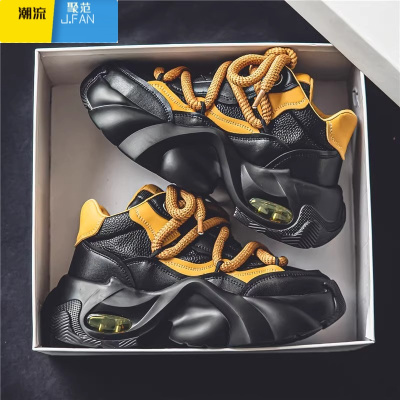 聚范男鞋夏季透气高级感复古百搭休闲运动气垫减震增高厚底黑色老爹鞋