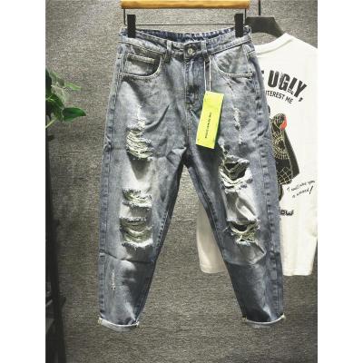 新款hi高街超破坏破洞拉丝乞丐风男士九分牛仔裤宽松直筒