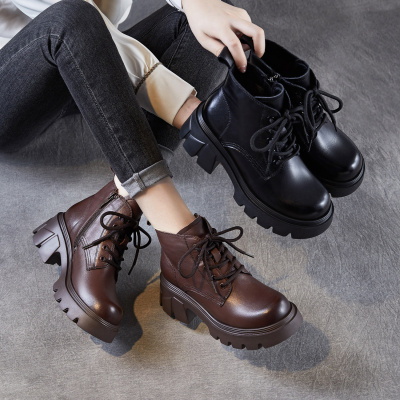 厚底粗跟马丁靴女秋季新款英伦复古真皮小短靴休闲系带单靴子