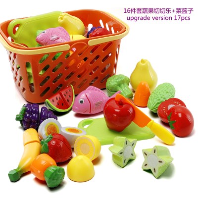 2020热卖做汉堡包薯条可乐套餐切蛋糕披萨套装食物玩具面包店切切17件套蔬果切切+橙色篮子