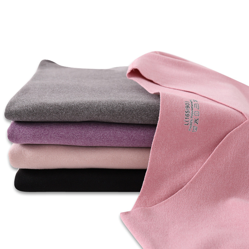 女士保暖长袖内衣女双面磨毛无痕纯色上衣爱心领内穿发热秋衣防寒