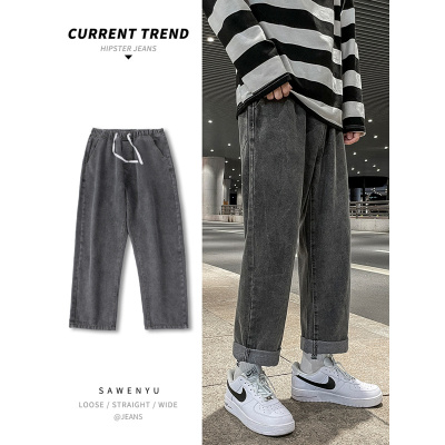 抽绳牛仔裤男夏季薄款直筒松紧腰九分宽松阔腿潮流休闲裤_1