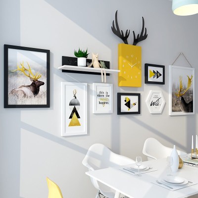 北欧风相框挂墙贴组合画框照片墙装饰简约客厅创意个性墙上免打孔麋鹿+黑白钟表款占墙面积：165*97cm