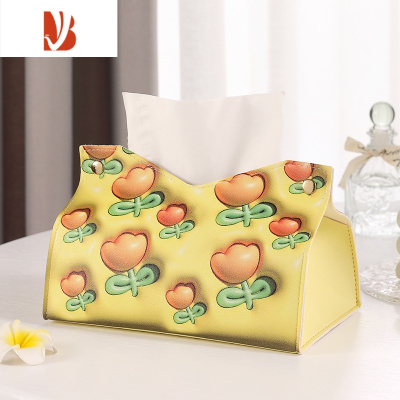 三维工匠家用纸巾盒客厅宿舍餐厅卡通车载纸巾收纳皮革可爱原创抽纸盒高级 橘黄小花