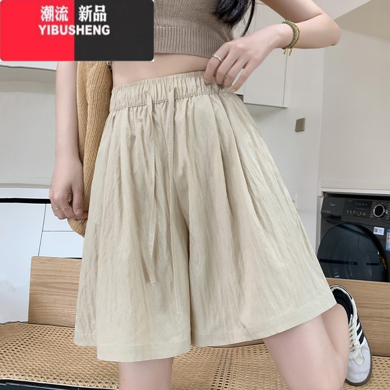 YIBUSHENG卡其色山本短裤女薄款高腰宽松休闲直筒中裤阔腿外穿冰丝五分裤