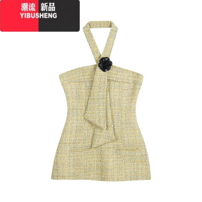 YIBUSHENG立体花朵无袖挂脖吊带连衣裙女季气质小香风紧身收腰包臀短裙子