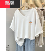 YIBUSHENG正肩短袖t恤女2024新款季设计感小众大码宽松半袖V领上衣服