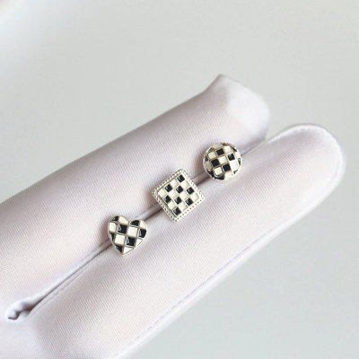 棋盘格耳钉s925纯银黑白烤漆个性高级感小众耳饰百搭首饰学生女送女朋友老婆情人节七夕生日礼物