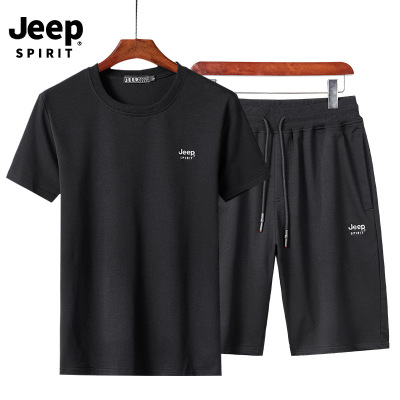 JEEP吉普夏季新款中年男两件套短袖T恤棉质五分短裤宽松大码动动衣服HM7089