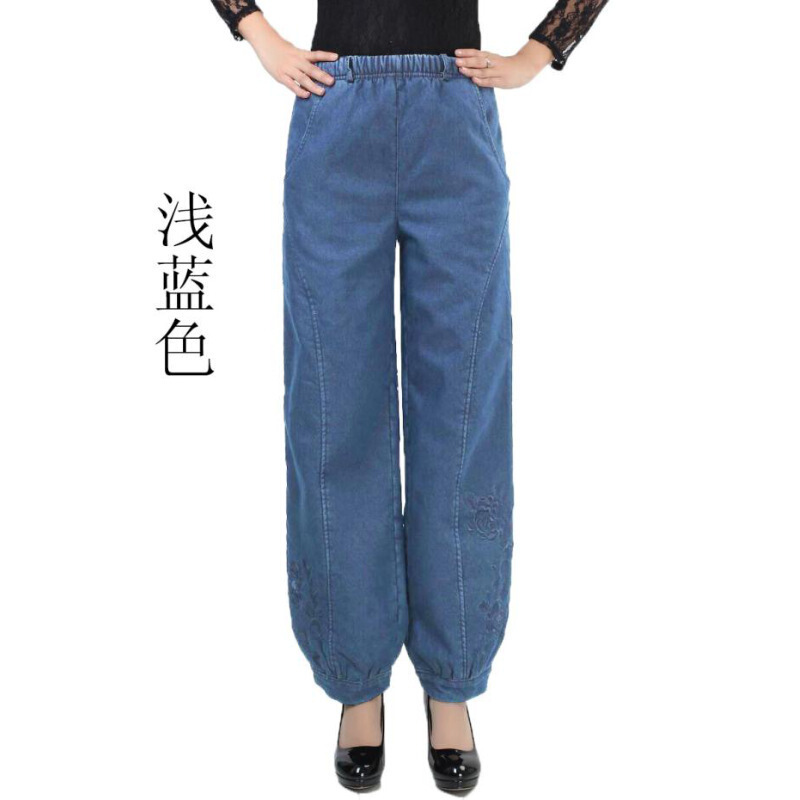 迪鲁奥(DILUAO)春秋中老年松紧腰绣笼裤宽松大码女士涂层牛仔布灯笼裤高腰涂层牛仔布裤女