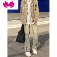 七斓黄泥然做旧牛仔裤子男美式高街ins潮流直筒阔腿拉链vibe设计长裤