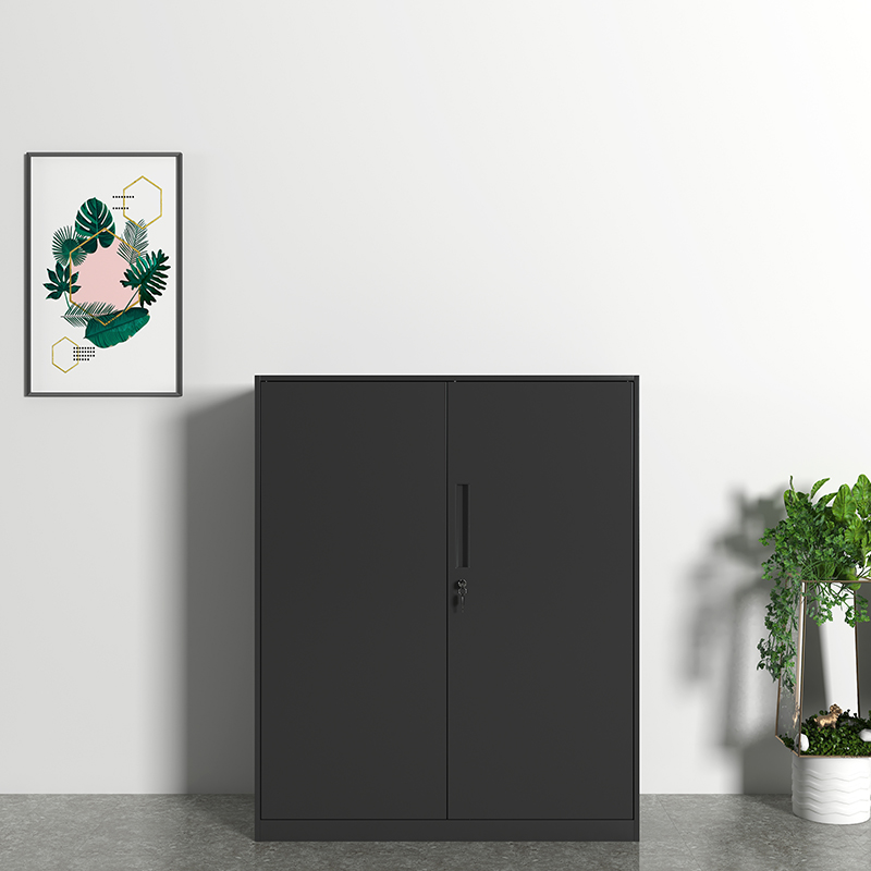 初嘉WJGT-034钢制文件柜窄边资料柜拆装档案柜带锁储物柜纯黑对开铁门矮柜