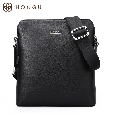 红谷单肩包男新款商务真皮斜挎包时尚简约休闲挎包头层牛皮男包漆黑