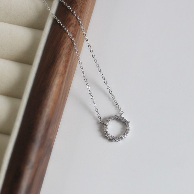 S925纯银金色镶锆石满钻圆圈项链女锁骨链吊坠几何简约学生饰品送女朋友老婆情人节七夕生日礼物