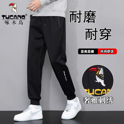 啄木鸟男款刺绣裤子男春秋季加绒加厚长裤直筒休闲运动薄款卫裤男