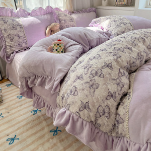 公主风花边牛奶绒四件套a类花边珊瑚绒被套冬季加绒床单床上用品