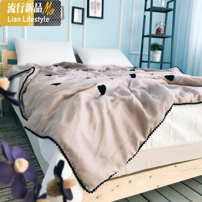 小清新毛巾绣双面天丝夏被可水洗花边夏凉被单双人爱心刺绣薄被子 三维工匠