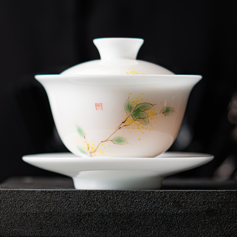 MULTIPOTENT功夫茶具三才盖碗手绘羊脂玉白瓷绿叶薄胎瓷泡茶碗精美伴手礼盒