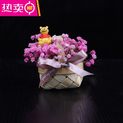 满天星干花摆件手工编织竹篮小熊装饰花小摆件客厅车内花束摆件品FENGHOU小熊芭比粉色