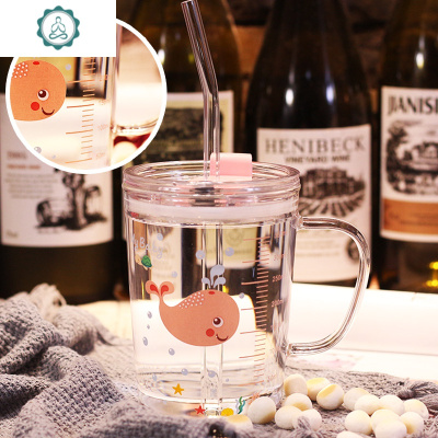 可携带儿童牛奶杯早餐杯微波炉可加热家用带刻度盖吸管玻璃幼儿园封后小鲸鱼+玻璃吸管+盖玻璃杯
