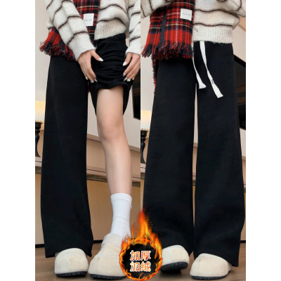 黑色灯芯绒裤子女冬季新款加绒加厚保暖棉裤小个子窄版阔腿裤_165