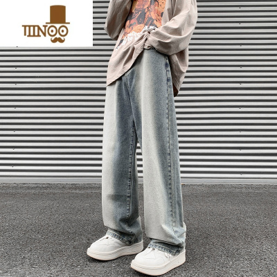 YANXU牛仔裤男款美式夏季水洗做旧设计感长裤潮牌高街宽松直筒裤子