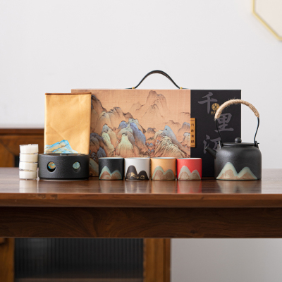 苏氏陶瓷(SUSHI CERAMICS)手绘釉画彩千里江山四色杯温茶套装禅黑文创伴手礼套组