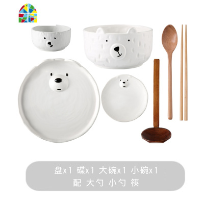 超萌熊少女心餐具套装碗盘家用可爱创意个性日式碗碟一人女致 FENGHOU 北欧原木小勺