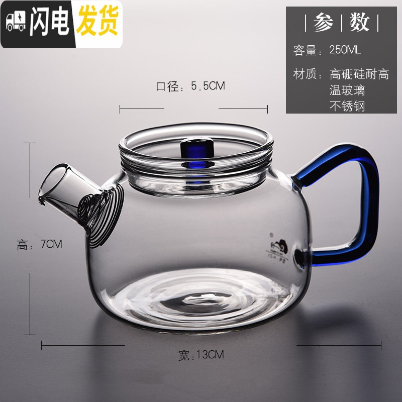 三维工匠加厚玻璃茶壶带过滤耐热泡茶壶全玻璃茶具煮茶壶侧把小花茶壶 玻璃小壶H21蓝中号:250