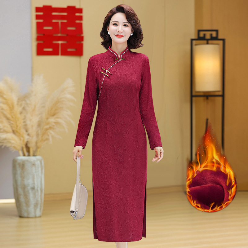 年喜婆婆婚宴装冬季加绒中年妈妈连衣裙子中式复古改良旗袍