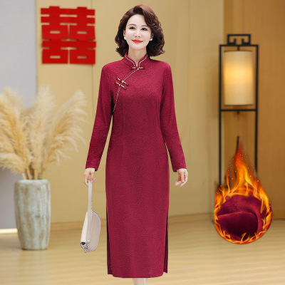 年喜婆婆婚宴装冬季加绒中年妈妈连衣裙子中式复古改良旗袍