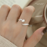 森系田园风哑光郁金香戒指女s925纯银韩版时尚花朵指环百搭食指戒送女朋友老婆情人节七夕生日礼物