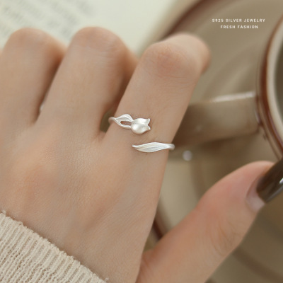 森系田园风哑光郁金香戒指女s925纯银韩版时尚花朵指环百搭食指戒送女朋友老婆情人节七夕生日礼物