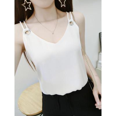 夏季双肩带V领雪纺吊带背心女宽松短款外穿无袖打底衫T恤上衣