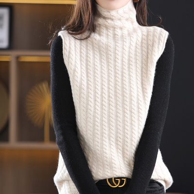 秋冬针织马甲背心女高领宽松外穿毛线加厚羊绒无袖毛衣纯羊毛坎肩