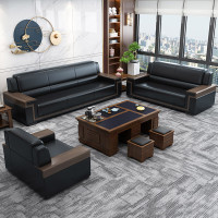 创世人 办公沙发简约现代商务中式西皮三人位会客接待沙发洽谈茶几组合1+1+3+茶组合