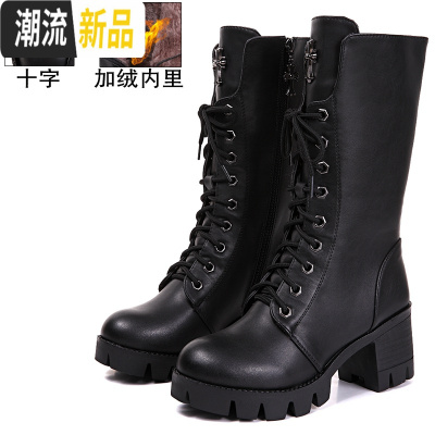 马丁靴女英伦风中筒靴子女冬季加绒高帮女鞋高跟短靴粗跟棉靴广赫