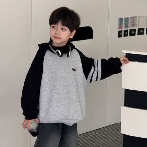 童酷儿童冬款湖州织里童装一体绒小狗刺绣拼色连帽男童卫衣潮