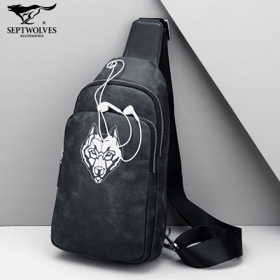 七匹狼男士时尚胸包印花狼头牛津布单肩斜挎包夏日随身小背包GF109202-27IG1蓝色蓝色