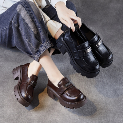 真皮厚底乐福鞋女秋季新轻奢牛皮小个子百搭休闲金属扣小皮鞋