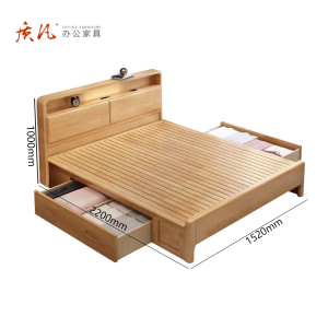苏宁 质凡 办公家具 北欧实木床简约带夜灯抽屉款ZF-SMC005/1520*2200*1000mm