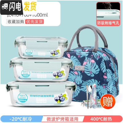 三维工匠上班族可微波炉加热专用玻璃饭盒餐盒便当碗带盖冰箱水果盒保鲜盒 北欧蓝长410+700+1000+深火烈鸟包+餐具