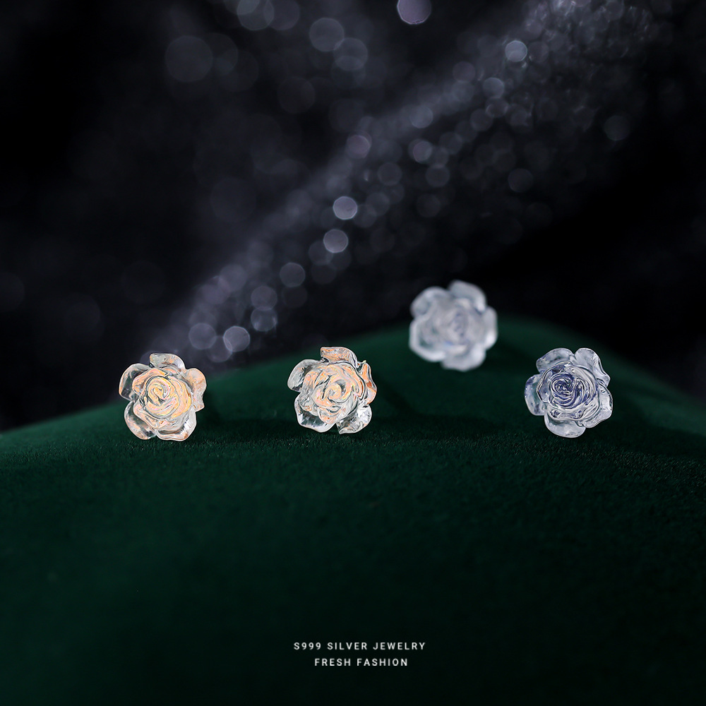 新品推荐s999足银幻彩清冷玫瑰耳钉简约法式复古气质甜美小众耳饰送女朋友老婆情人节七夕生日礼物