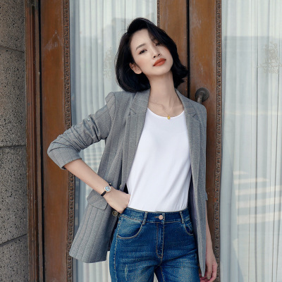 Mrfemale/女先生女士西装秋冬新款外套女设计感小众休闲职业装时尚气质复古港味收腰宽松休闲两粒扣条纹西服