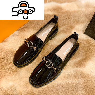 七色王国黑色方头小皮鞋女英伦复古风2020秋冬新款百搭粗跟软皮乐福单鞋女休闲鞋