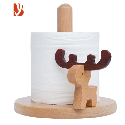三维工匠免打孔卫生间纸巾盒创意置物收纳架实木质家用卷筒纸座 麋鹿(花梨木角)短款